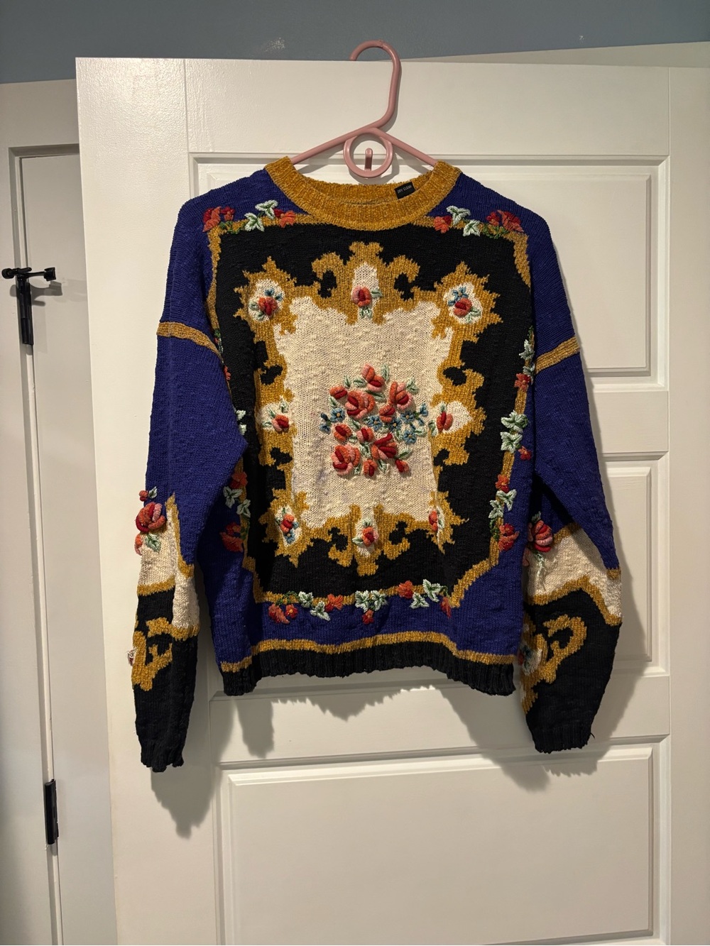 Carole Little Textured Floral Crewneck Sweater in Blue, Black & Gold
